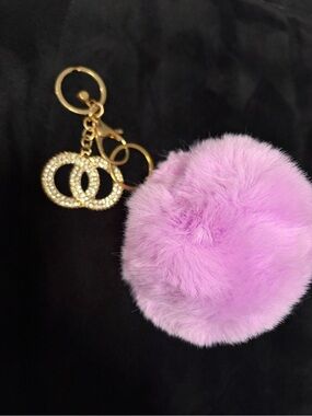 Lavender Faux Fur Pom Pom Keychain with Gold Crystal Rings